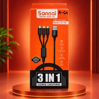 Sannai SC-08 3-in-1 USB Cable 1.2M – Fast Charging & Data Sync Cable
