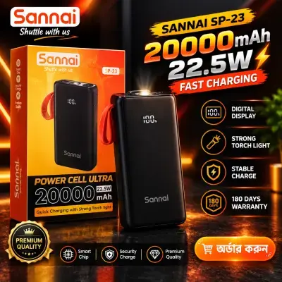 Sannai SP-23 20000mAh Power Bank - 22.5W Fast Charging with Digital Display &amp; Torch Light